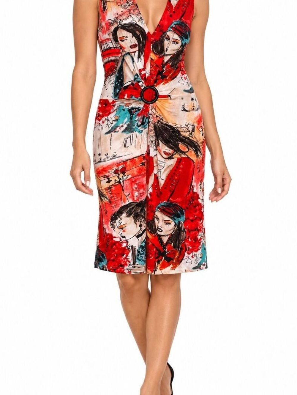 Joseph Ribkoff Dress Size 8 Red Multicolor Face Print V-Neck Ring Waist Canada